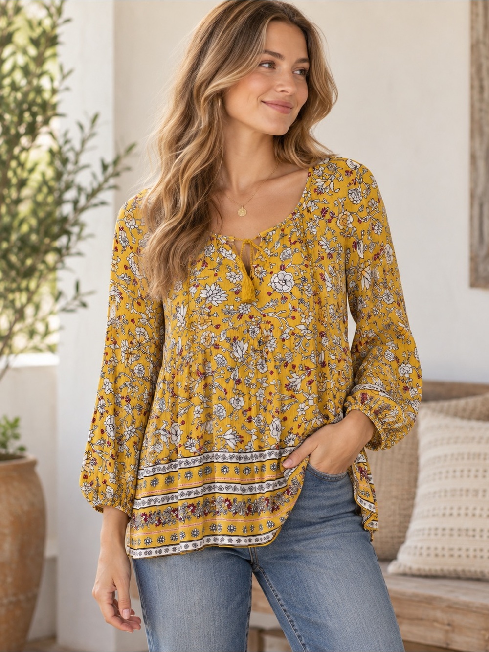 Old Navy Mustard Yellow Floral Boho Swing Blouse Medium Long Sleeve